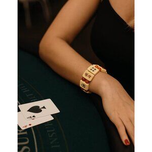 Vintage Chinese Bakelite Mahjong Tile Elastic Bracelet With Red Beads *READ*